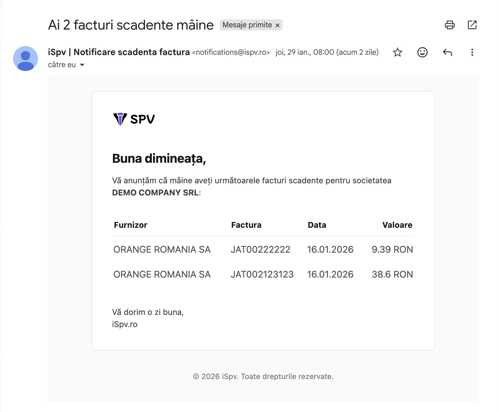 Notificare scadență factură în iSpv